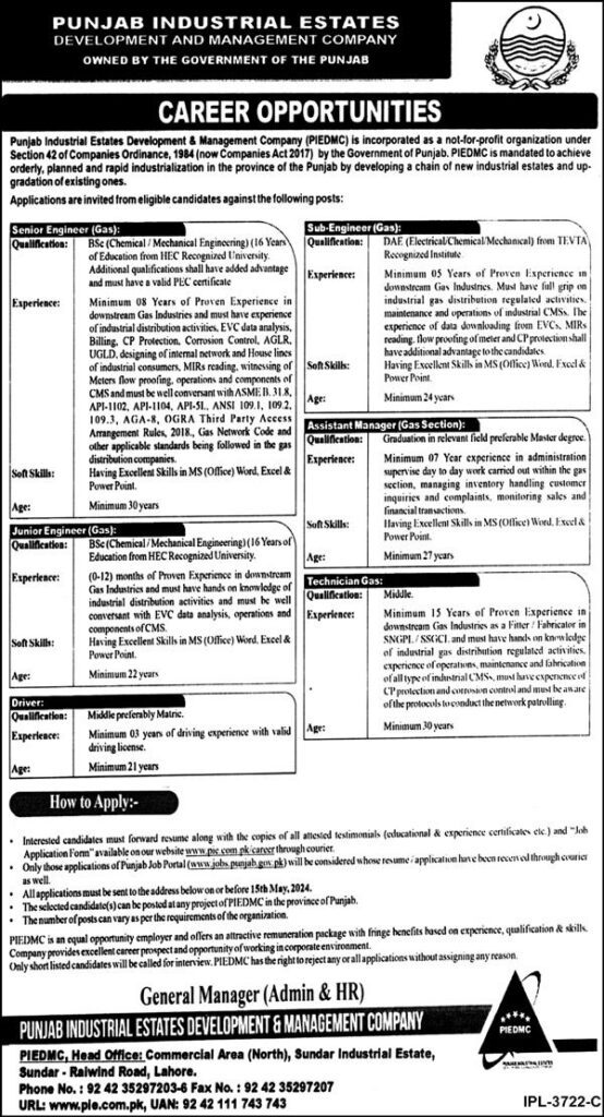 Latest Job Opportunities at Punjab Industrial Estates (PIE) Lahore 2024