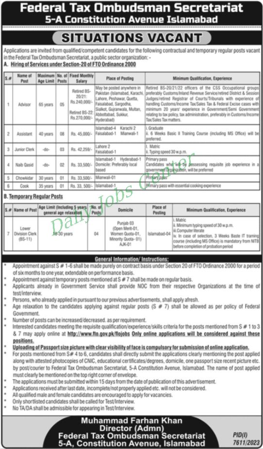Exciting Job Opportunities at Federal Tax Ombudsman Secretariat in Islamabad