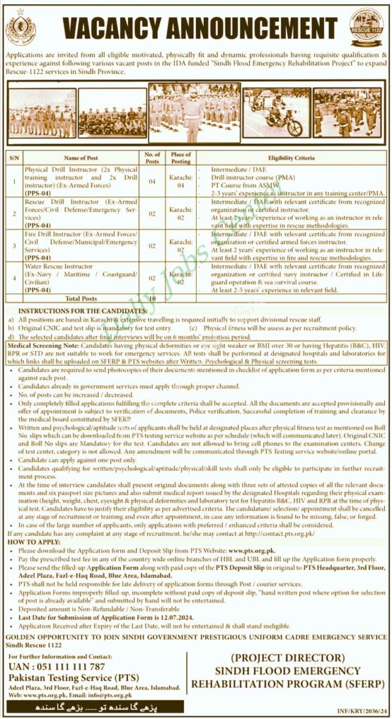 Latest Management Posts in Sindh Emergency Rescue Service 1122 Karachi 2024