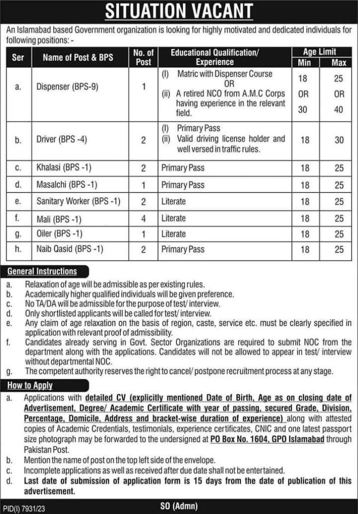 Latest Jobs in P O Box No 1604 GPO Islamabad 2024
