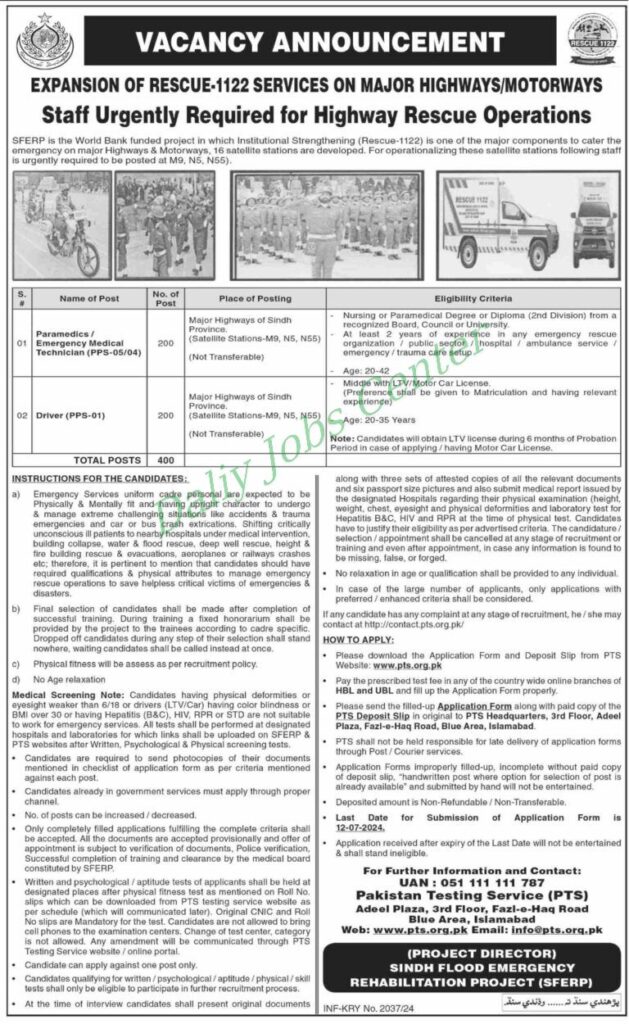 Latest Job Opportunities at Sindh Emergency Rescue Service 1122 in Karachi 2024