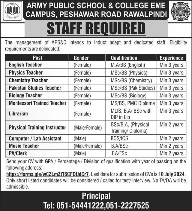 Join the Team at Army Public School & College APS&C in Rawalpindi