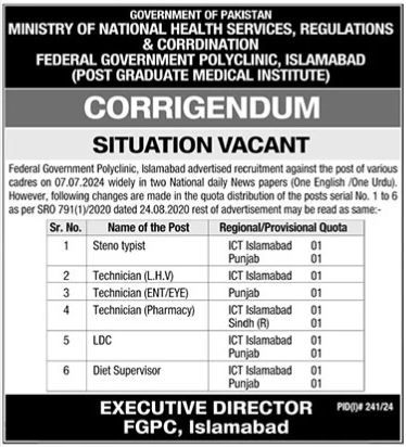 Latest Job Opportunities at Federal Government PolyClinic (FGPC) Islamabad, 2024