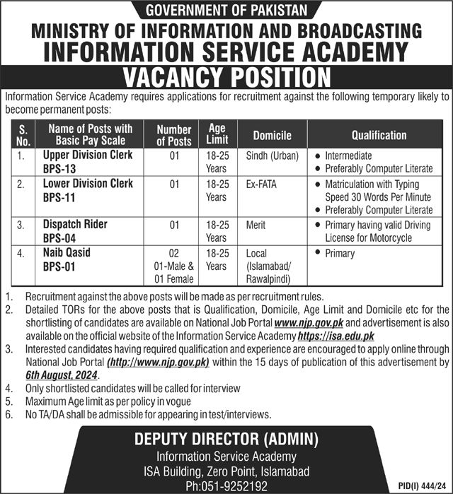 Latest Ministry of Information and Broadcasting Management Posts in Islamabad 2024