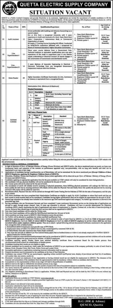 Latest Quetta Electric Supply Company (QESCO) Management Posts - Quetta 2024