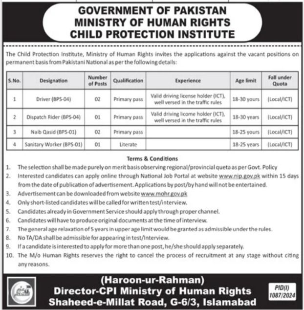 Latest Ministry of Human Rights Labor Posts Islamabad 2024